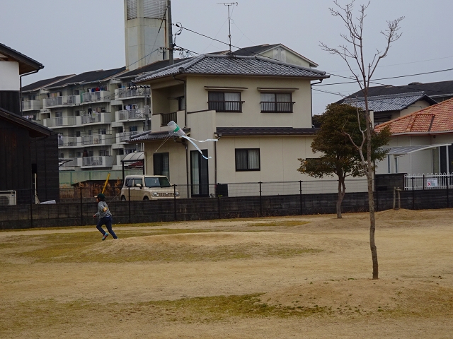 公園で自作の凧揚げ