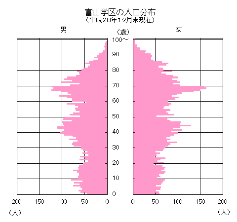富山学区の男女別人口分布グラフ(平成28年12月末現在)