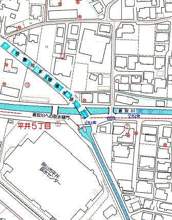祇園用水と倉安川の交差地点の周辺地図 祇園用水と倉安川の交差地点の周辺地図