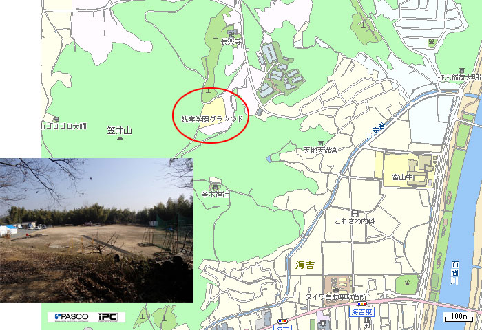 就実学園グラウンドの位置図と遠景 就実学園グラウンドの位置図と遠景