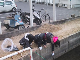 用水路のゴミをすくい上げる子どもたち 用水路のゴミをすくい上げる子どもたち
