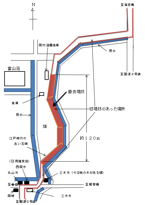 海吉福吉町内の旧堤防撤去現場及び周辺見取り図 海吉福吉町内の旧堤防撤去現場及び周辺見取り図
